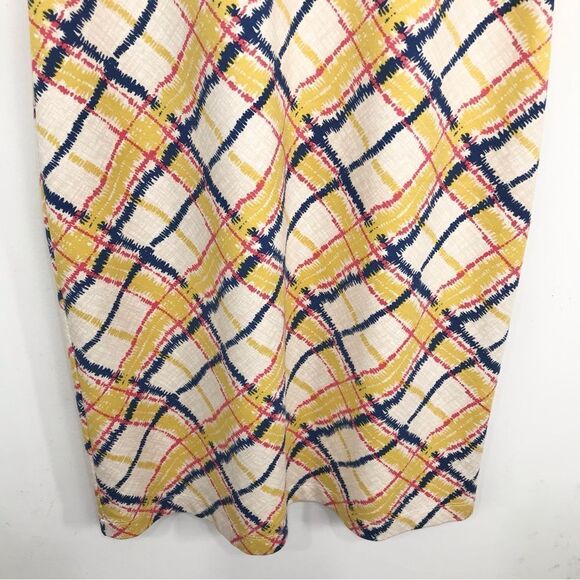 J. McLaughlin Yellow Navy Pink Geometric Plaid Midi Sheath Sleeveless Dress - Picture 7 of 16